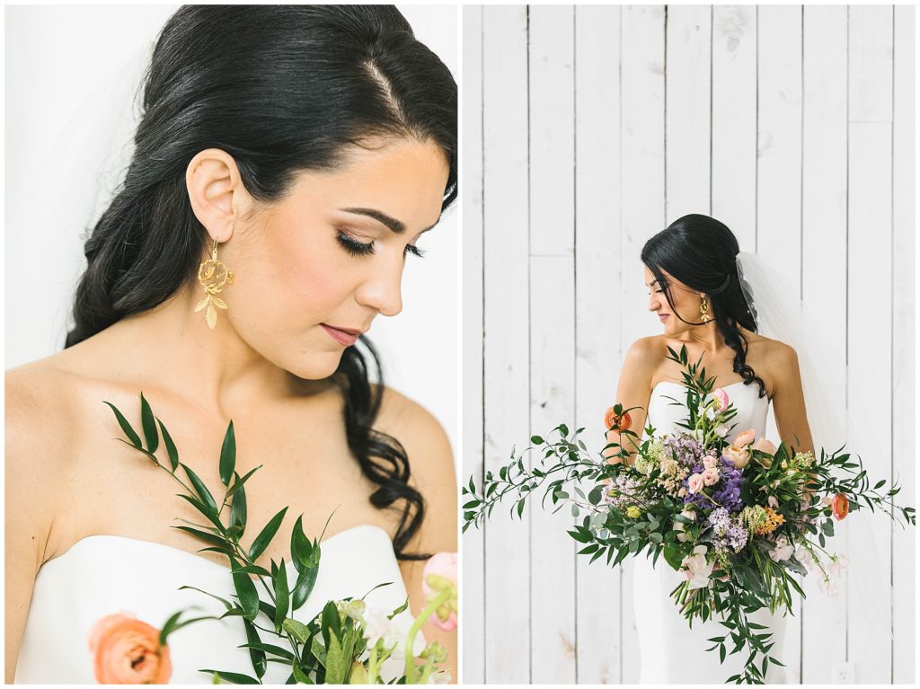 Side-by-side images of bride's hair and makeup, and bride holding floral.