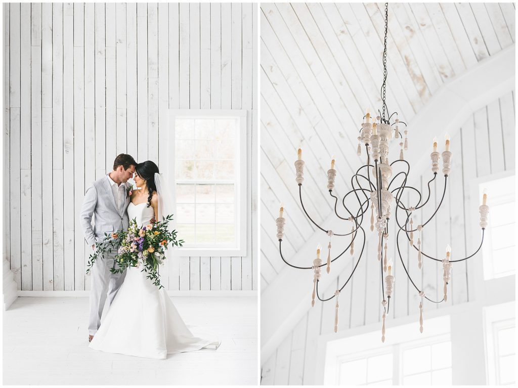 Side-by-side of groom and bride nuzzling up to each other, next to a chandelier hanging from the ceiling.