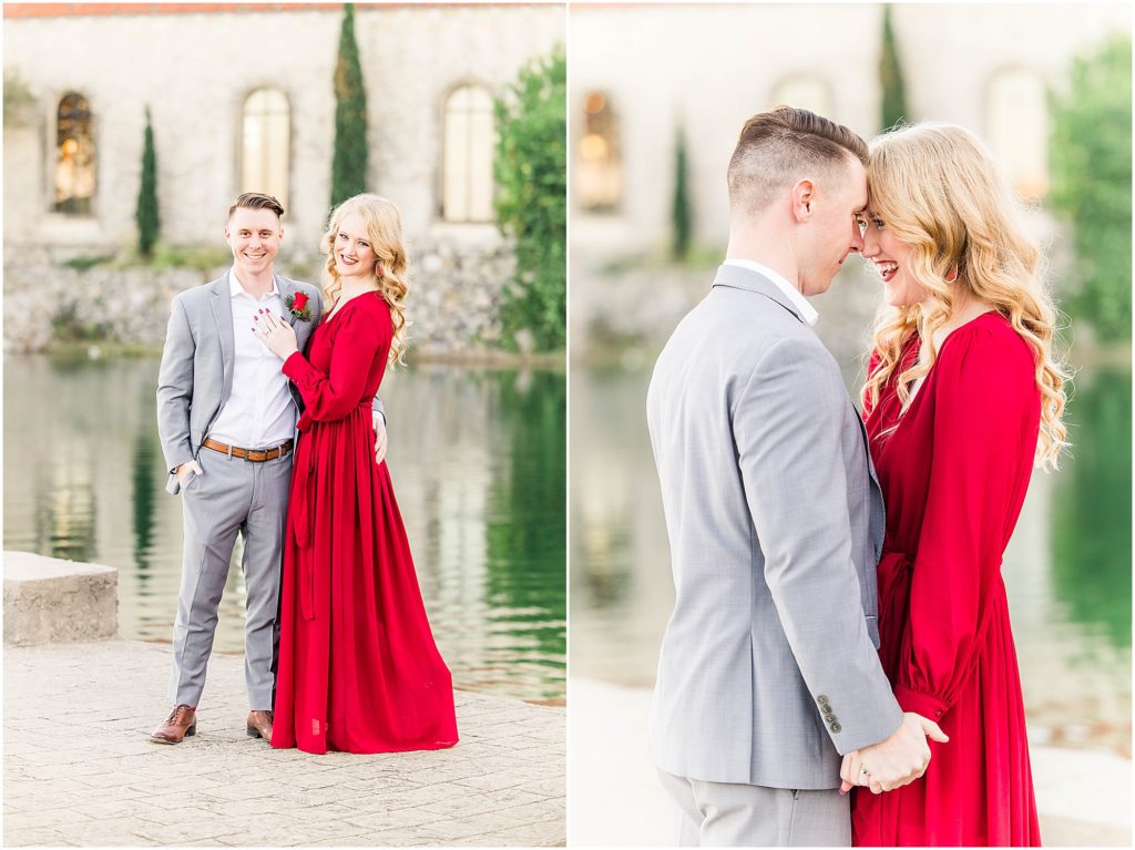couple posing in formal attire for their adriatica village engagement photos