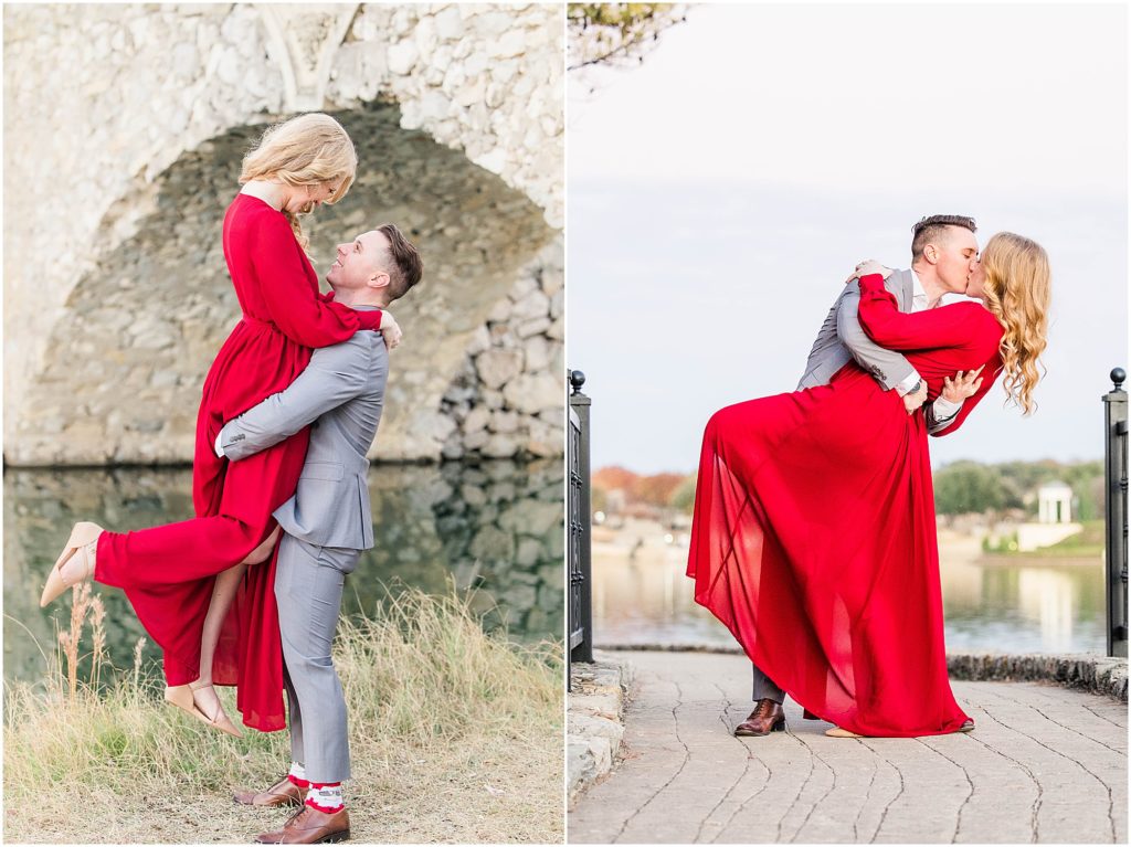 couple posing in formal attire for their adriatica village engagement photos